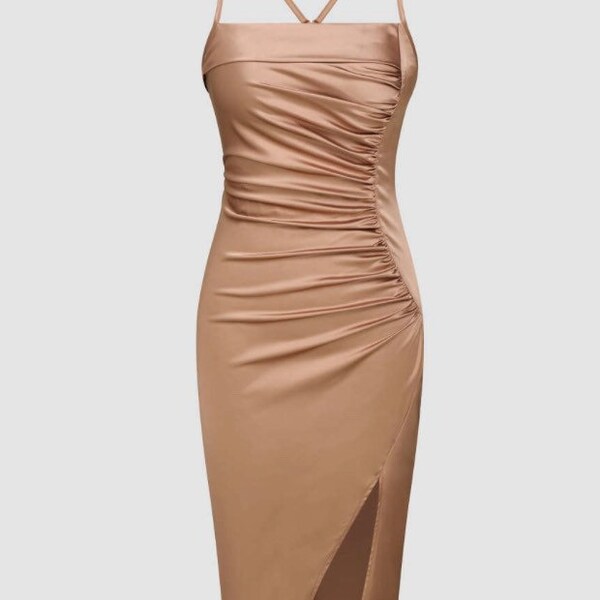 1940s Style Copper Satin Ruched Dress- Sizes XS to XL