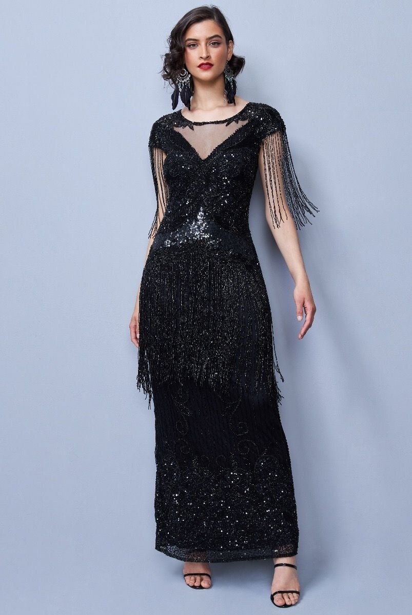 Black Beaded Fringe Maxi Dress Sizes 