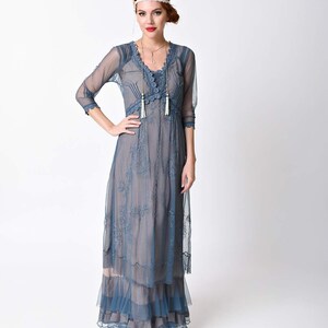 Sky Blue V Neck Embroidered Mesh Gown with Satin Waistband