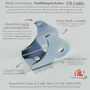 以下が含まれることがあります： VWキャディ用の銀色の亜鉛メッキ鋼製ショックアブソーバーブラケット。厚さ4mmの構造で、U字型のデザインに円形の取り付け穴が開いています。ドイツ製で、亜鉛コーティングの厚さは約20µmです。