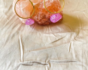 Beaded Crystal Rock Hoops - Pink - Hypoallergenic- Gold