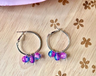 Galaxy Bead Hoops - Silver - Hypoallergenic - Beaded