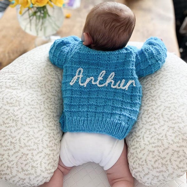 Personalised Baby Name Cardigan. Hand Knitted, Embroidered Name. Size 3-6 Months