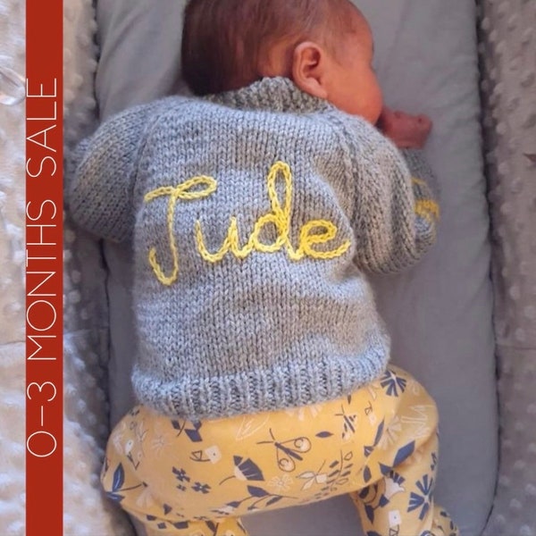 SALE Personalised Baby Name Cardigans | 0-3 months. Hand knitted and hand embroidered with your baby girl or boy name