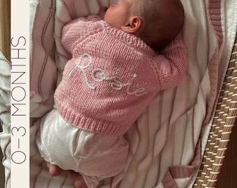 Personalised Baby Name Cardigans | 0-3 months Baby Girls hand knitted embroidered with your choice of colour