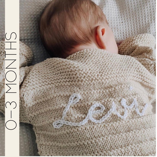 Personalised Baby Cardigan 0-3 months. New baby gift. Handknitted baby keepsake or baby shower present. Birth announcement Hand embroidered