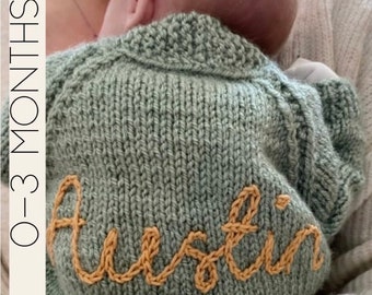 Personalised Baby Name Cardigans and jumpers 0-3 months. Hand knitted - the perfect baby gift, coming home outfit, baby name reveal