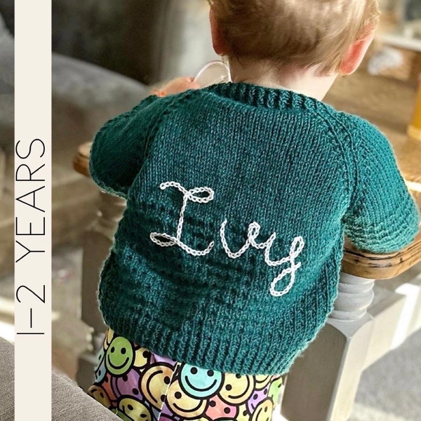 Personalised Baby and Toddler Name Cardigans 1 - 2 Years. Hand knitted perfect first birthday gift