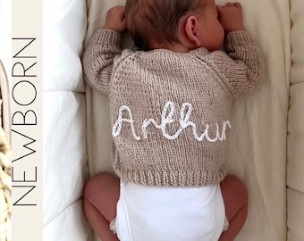 Personalised Baby Cardigan Hand Knitted for Newborn Baby. Hand embroidered baby knits make the perfect going home outfit, gift & keepsake