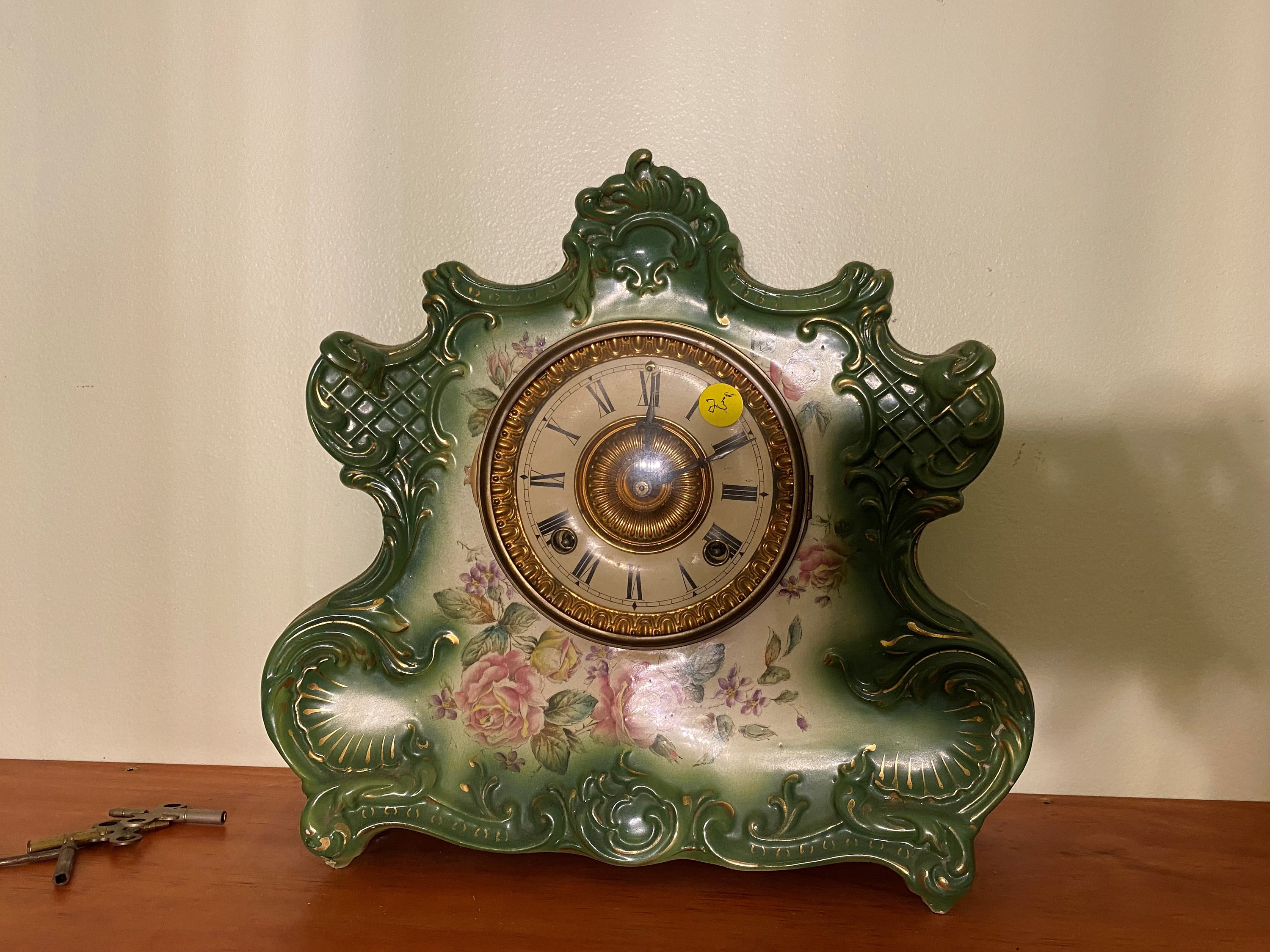 Ansonia Green Porcelain Mantle Clock With Key Circa 1900 picture