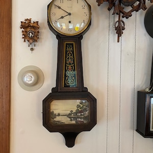 Waterbury Large Banjo Clock 8 day Time only Art Deco Walnut Circa 1920&#39;s with key