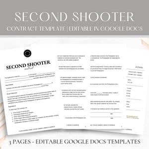 Könnte beinhalten: Eine schwarz-weiße Vertragsvorlage für einen zweiten Kameramann mit dem Titel "Second Shooter Contract" und dem Text "3 Seiten - Bearbeitbare Google Docs-Vorlagen".