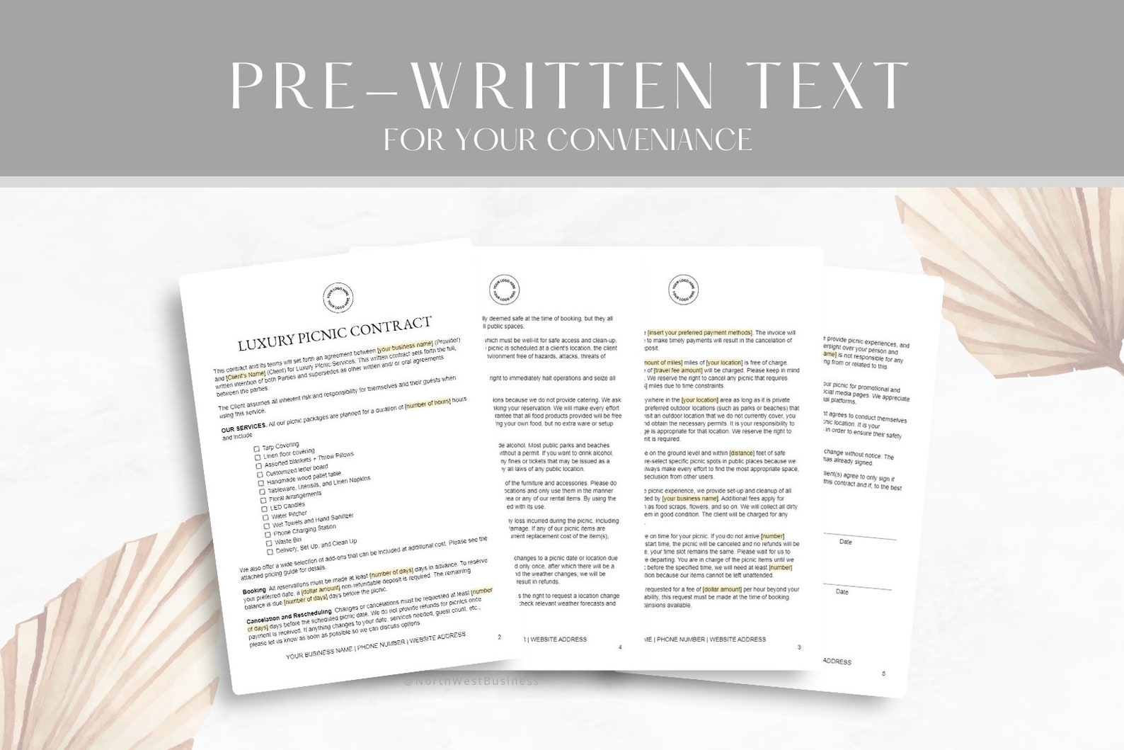 Editable Luxury Picnic Contract Template, Professional Rental Agreement Terms & Conditions for