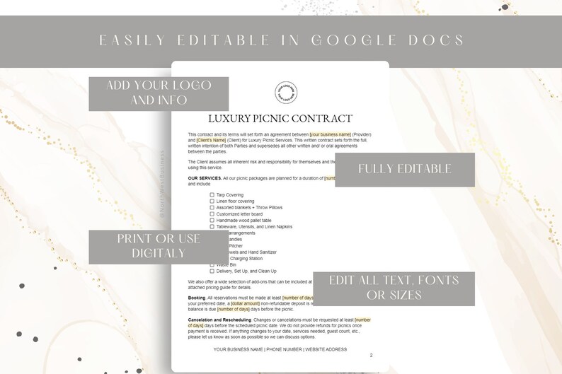 Editable Luxury Picnic Contract Template, Professional Rental Agreement Terms & Conditions for