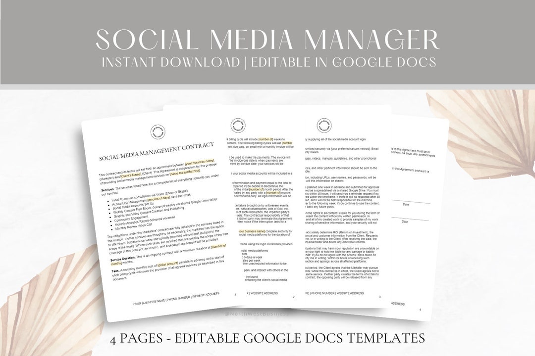 Editable Social Media Manager Contract Template, Freelance Social Media Management Agreement