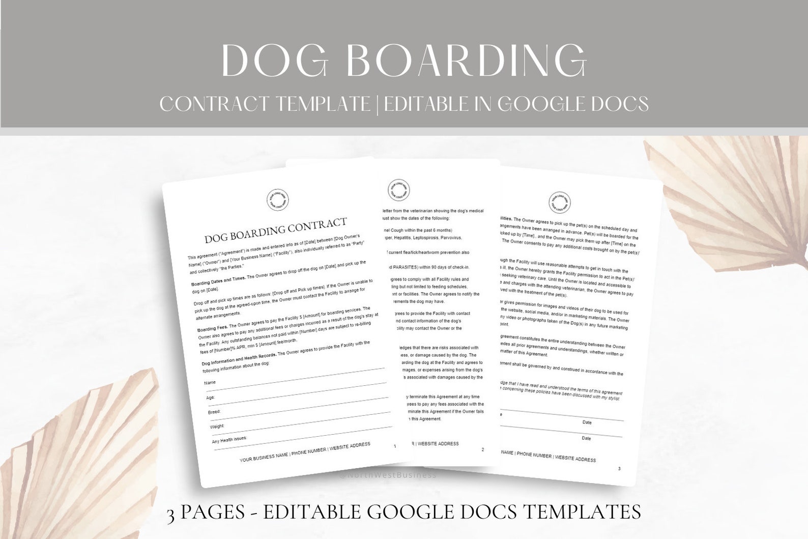 Editable Dog Boarding Contract Template, Dog Kennel Service Agreement