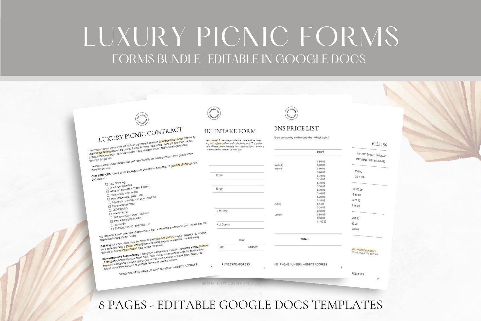 Editable Luxury Picnic Contract Template, Professional Rental Agreement Terms & Conditions for