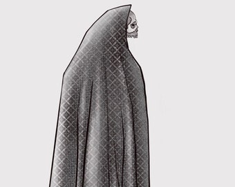 May include: A black hooded figure with a skull face. The hood is made of a patterned fabric.