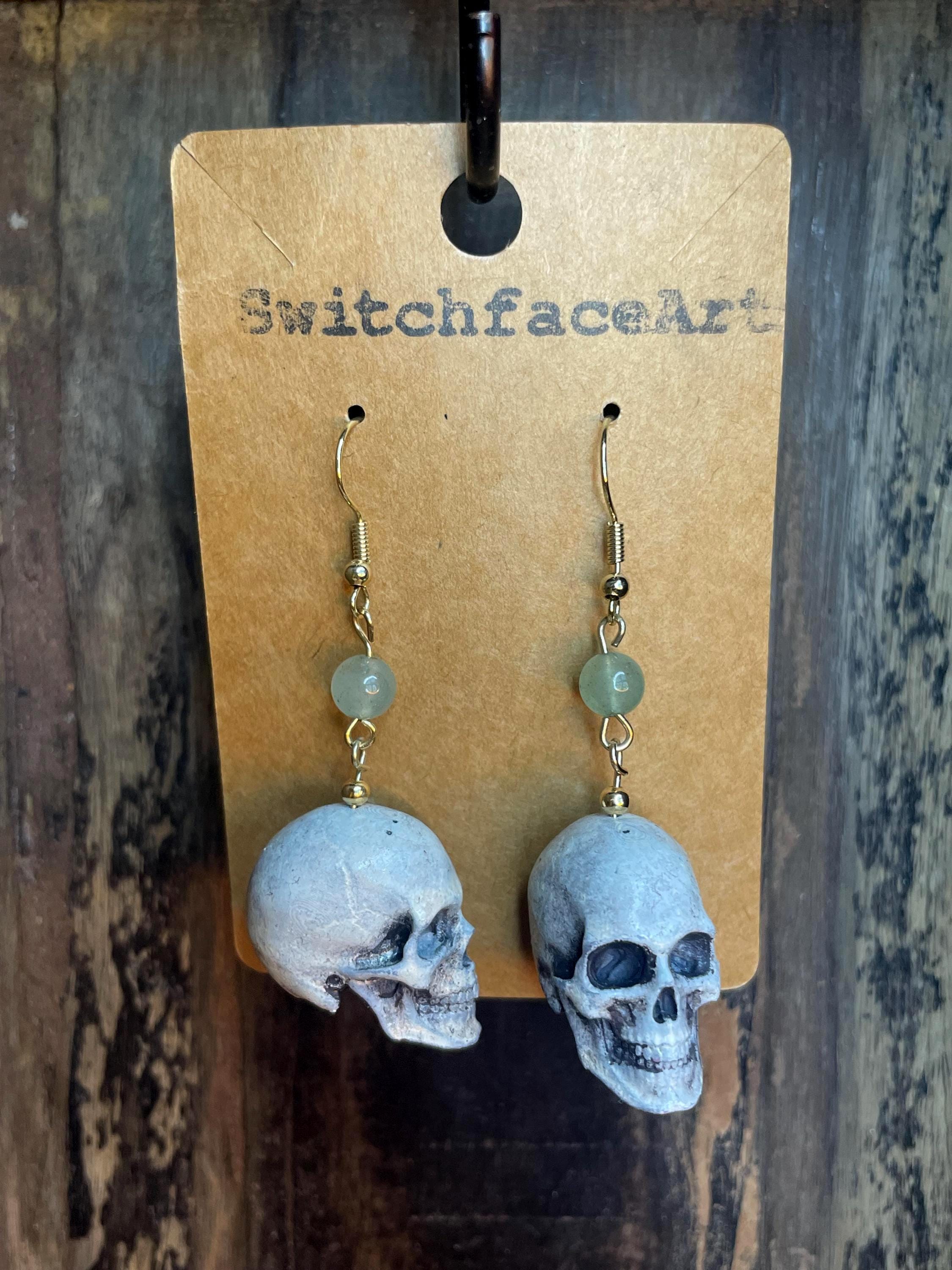 Boucles D'Oreilles Crâne Punk Émaillé Blanc Avec Zirconium - Or Rose, Style Stud