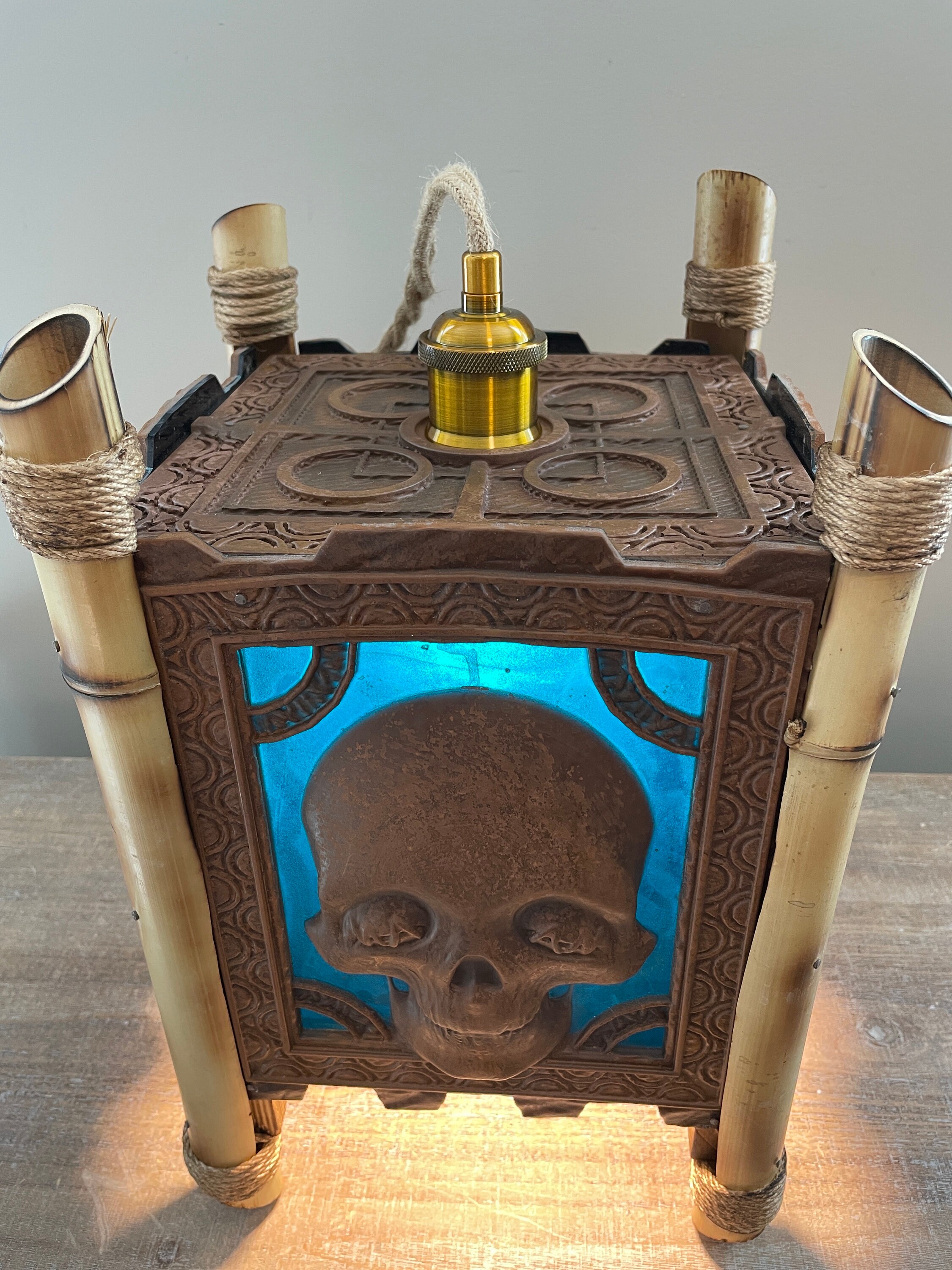 Mummified Skull Pendant Hanging Lamp Teal Accent Tiki Bar Scenic