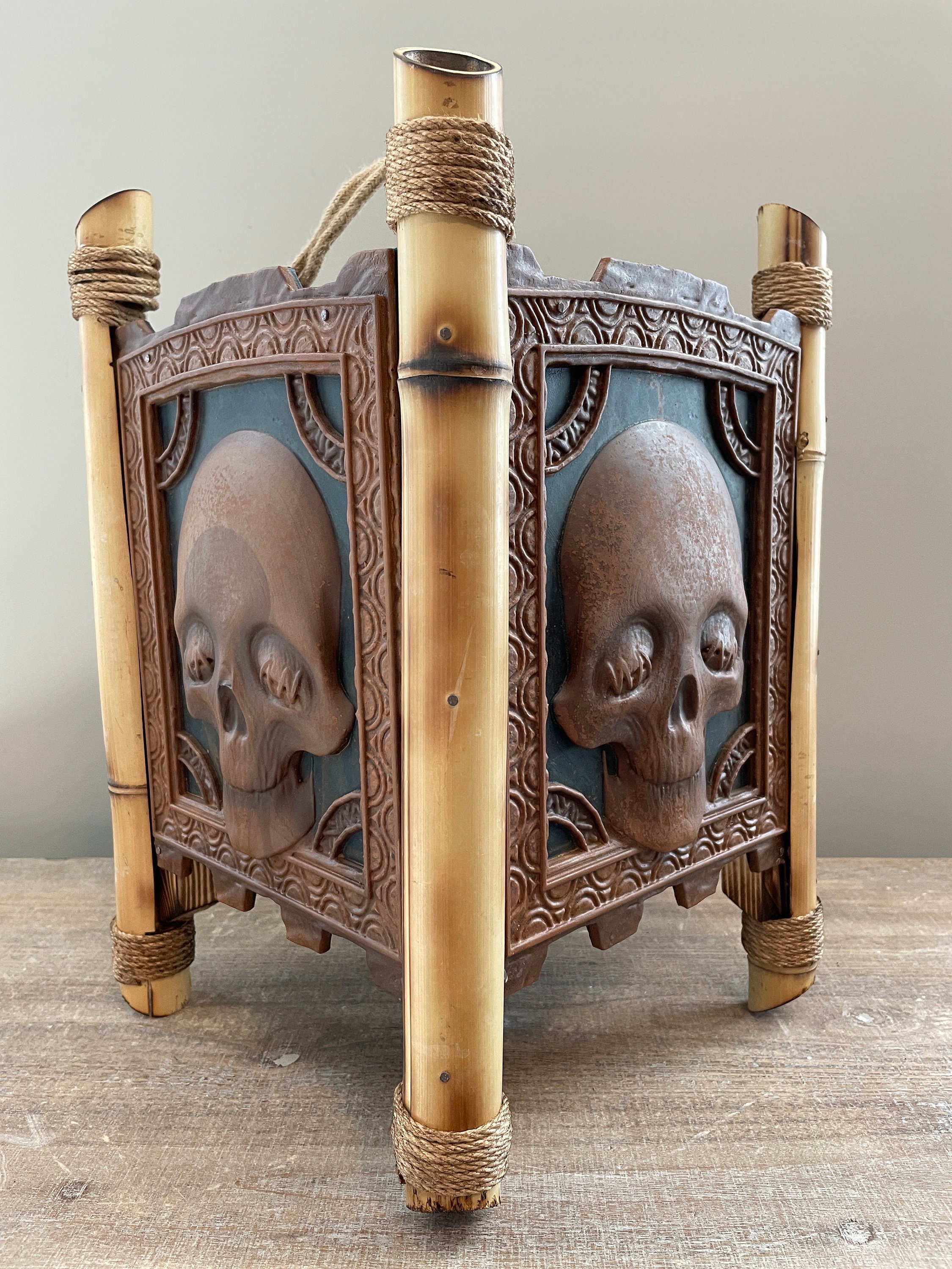 Mummified Skull Pendant Hanging Lamp Teal Accent Tiki Bar Scenic