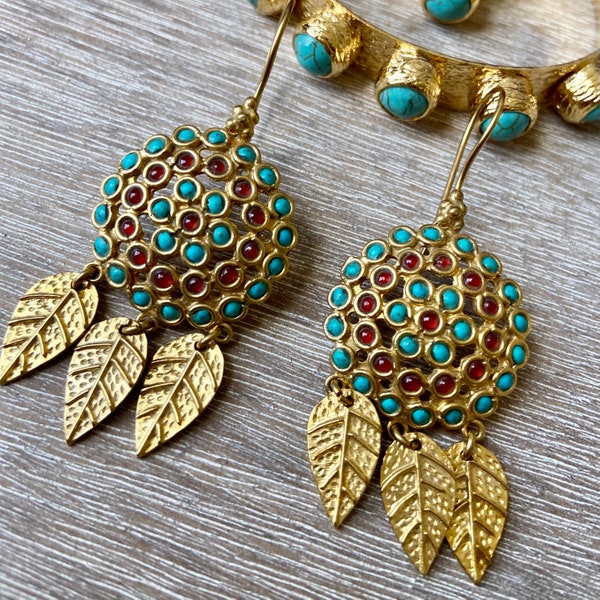 Semiprecious Halo Earrings with Leaf Charms