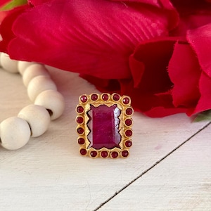 Garnet & Ruby Ring | Handmade 22K Gold Plated Brass Adjustable Ring | Ancient Style Jewelry