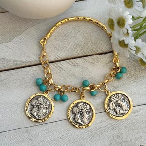 Roman Inspired Coin Charm Bracelet with Turquoise Beads