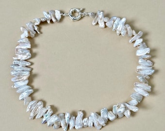 Baroque Biwa Pearl Necklace: Sterling Silver Clasp, 16"