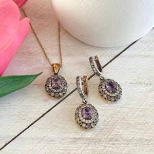 Antique Hurrem Sultan Style Turkish Jewelry Set • Handmade Sterling Silver • Amethyst Look Stones & Zircon • Oval Statement Set
