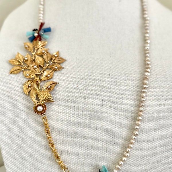 Leaf Cluster Necklace with Freshwater Pearl Strand