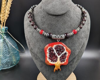 Pomegranate necklace with natural red garnet beads Polymer clay pomegranate fruit pendant January birthstone nature inspired jewelry