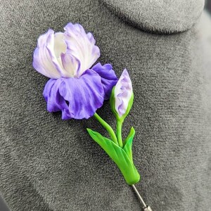 Purple iris flower polymer clay brooch Statement flower lapel pin Handmade nature themed jewelry Romantic botanical brooch Nature lover gift