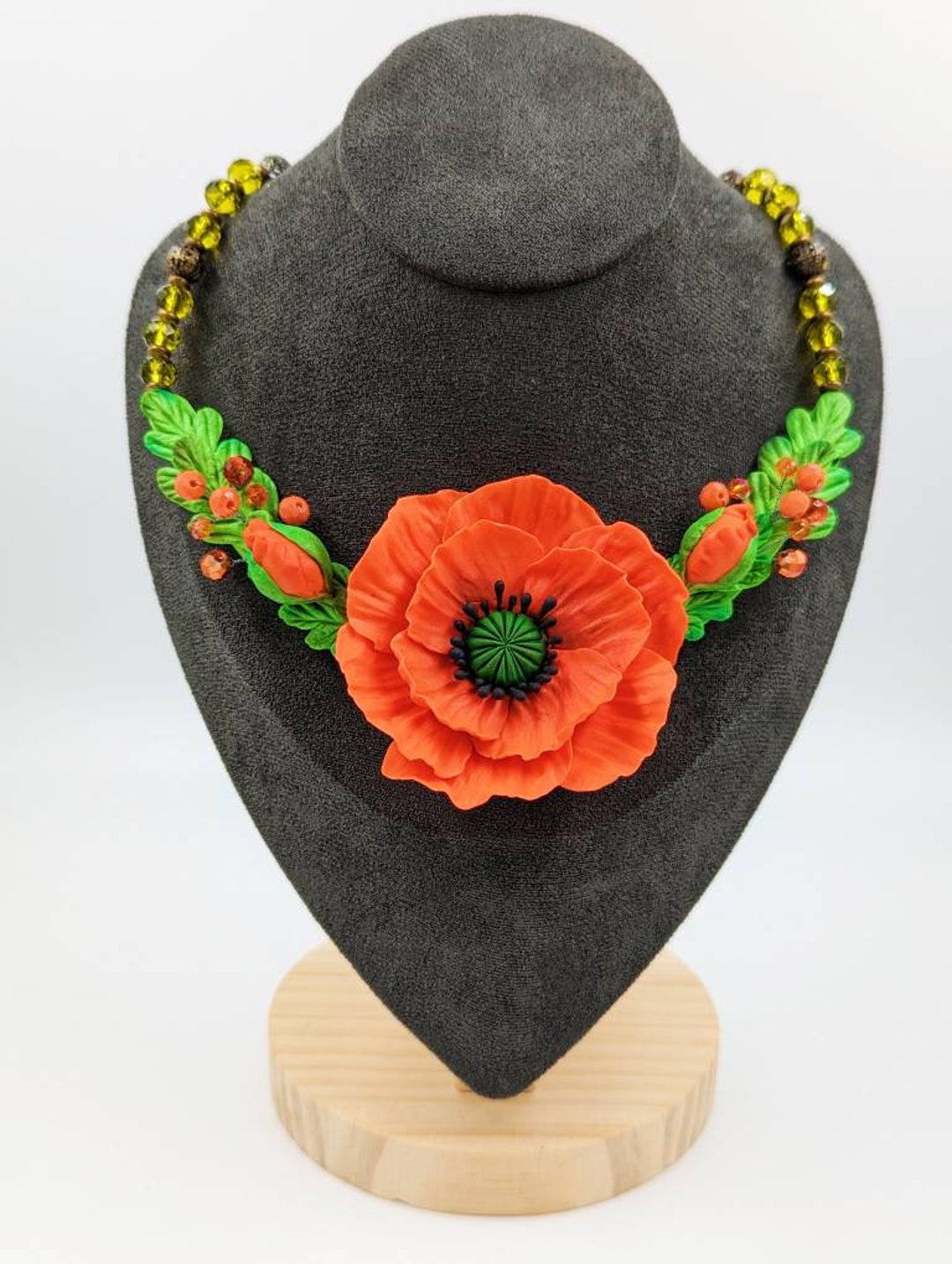 Red Poppy Flower Necklace Cottagecore Jewelry Handmade Polymer Clay