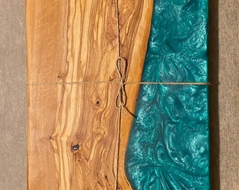 Olive Wood and Iridescent Green Liquid Glass Epoxy Resin Charcuterie Board
