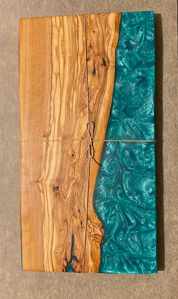 Olive Wood and Iridescent Green Liquid Glass Epoxy Resin Charcuterie Board  