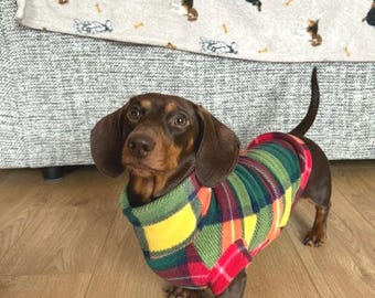 Tartan Bright Dachshund Tankie Fleece Various Colours Sausage Dog Small Dog