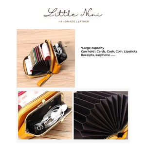 May include: A yellow leather wallet with a zipper closure and a fold-out design. The wallet is open and shows multiple card slots and a compartment for cash, coins, or other small items. The text "Little Nini Handmade Leather" is visible above the wallet. The text "*Large capacity Can hold: Cards, Cash, Coin, Lipsticks Receipts, earphone...." is visible to the right of the wallet.
