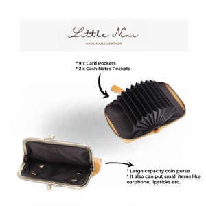 May include: A tan leather wallet with a zipper closure. The wallet is open to reveal nine card slots and two cash note pockets. The wallet also has a large capacity coin purse that can hold small items like earphones and lipstick.