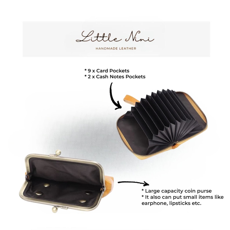 May include: A tan leather wallet with a zipper closure. The wallet is open to reveal nine card slots and two cash note pockets. The wallet also has a large capacity coin purse that can hold small items like earphones and lipstick.