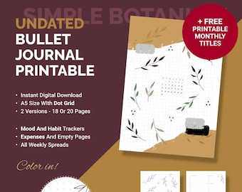 Undatiertes Bullet Point Journal Printable | Botanisches Thema | Gepunkteter A5 Planer | Titelseite, Ziele, Habit Tracker, Mood Tracker