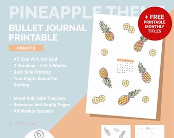 Undatiertes vorgefertigtes druckbares Journal | A5 Planer | Mood Habit Tracker | Ananas Motiv | Bullet Journal Kit | Selbsthilfetagebuch