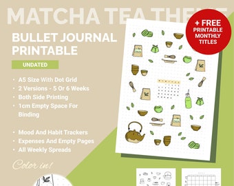 Ongedateerde Bullet Point Journal afdrukbaar | Matcha-theethema | Gestippelde A5 Planner | Voorblad, doelen, gewoontetracker, stemmingstracker