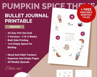 Ongedateerde Bullet Point Journal afdrukbaar | Pompoenkruidenthema | Gestippelde A5 Planner | Voorblad, doelen, gewoontetracker, stemmingstracker