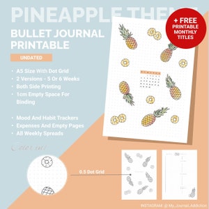 Puede incluir: Un diario de viñetas imprimible con temática de piña. El diseño incluye ilustraciones de piñas y rodajas sobre una cuadrícula de puntos. El diario A5 no tiene fecha e incluye rastreadores, páginas de gastos y diseños semanales.