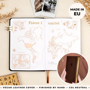 Vorgefertigtes Reisetagebuch | Italienisches Vegan Leder, Goldkanten, Tasche | Weltkarte, Reiseziele, Packliste, Reiseplan | 160 Seiten + gratis Geschenk