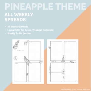 May include: A weekly planner spread with a pineapple theme. The design includes two pages with boxes for each day, dotted grids, and pineapple illustrations. Text includes "PINEAPPLE THEME" and "ALL WEEKLY SPREADS".