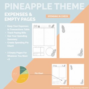 May include: A planner with a pineapple theme. The pages include expense tracking, bill tracking, and a spending summary. The planner also features a pie chart and empty pages. The text on the planner reads "Expenses & Empty Pages" and "Spending in Check".