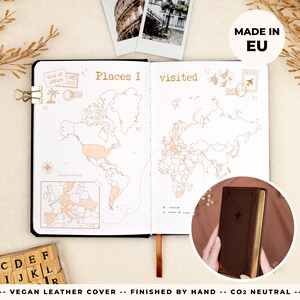 Premade Travel Journal | Italian Vegan Leather, Gold edges, Pocket | World Map, Travel Goals, Packing List, Itinerary | 160 pages +free gift
