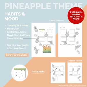 May include: A planner with a pineapple theme, featuring habit and mood tracking. The design includes 5 and 6-week versions, with space to track up to 8 habits. The planner includes a mood chart and a section to track sleep and studying habits.